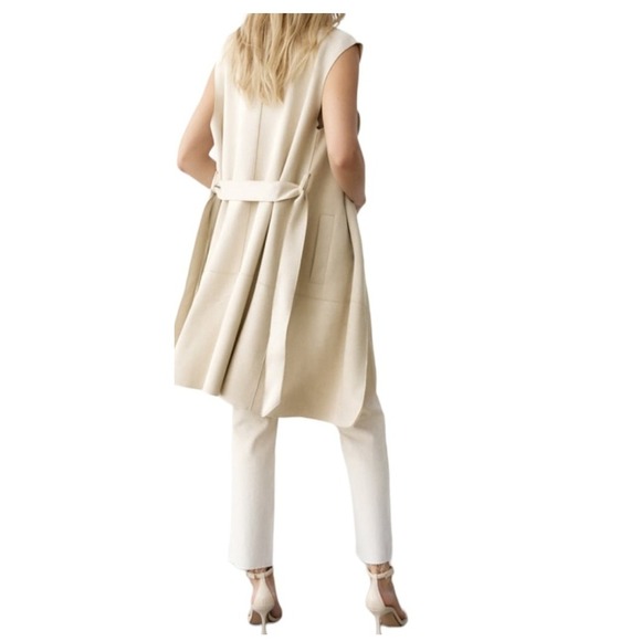 Zara Sleeveless Trench Vest Duster Coat Jacket Neutral Color Belted Modern - Picture 2 of 10